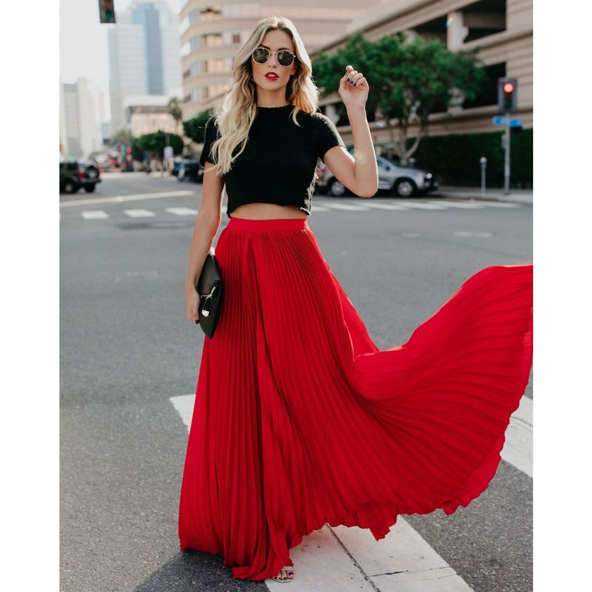 Falda maxi de talle alto para mujer | Pliegues suaves