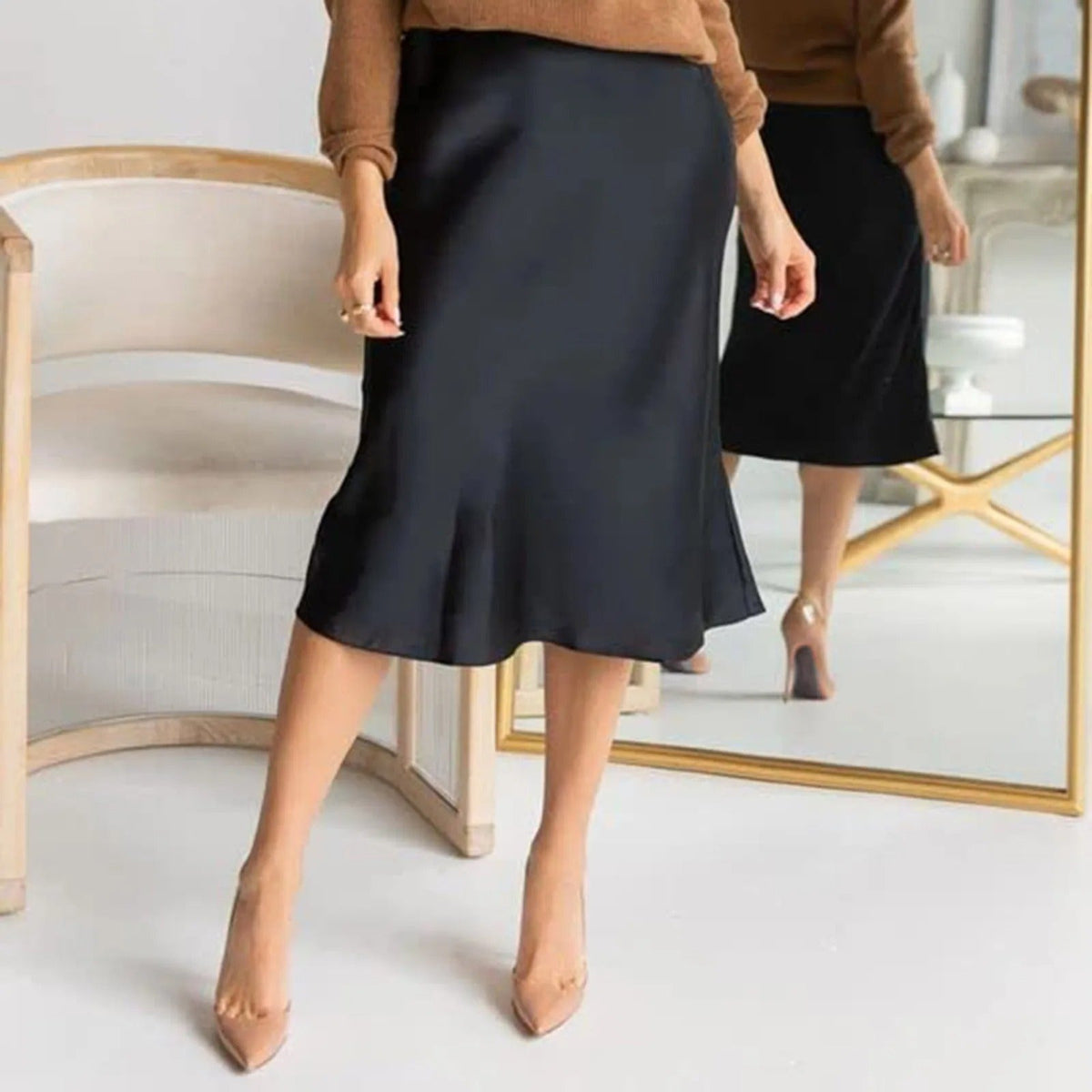 Falda satinada midi corte A para mujer