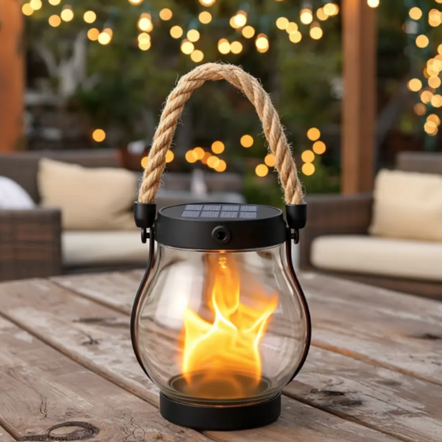 Farol solar colgante con efecto de llama – iluminación impermeable para jardín y exteriores