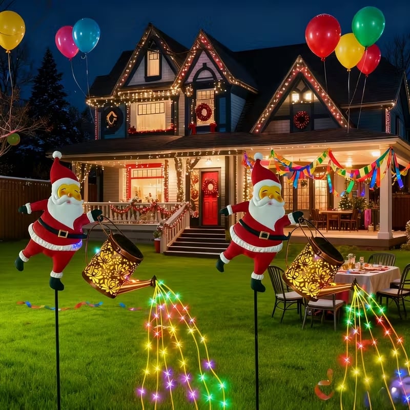 Farol solar en forma de regadera con Papá Noel para decoración de jardín de invierno