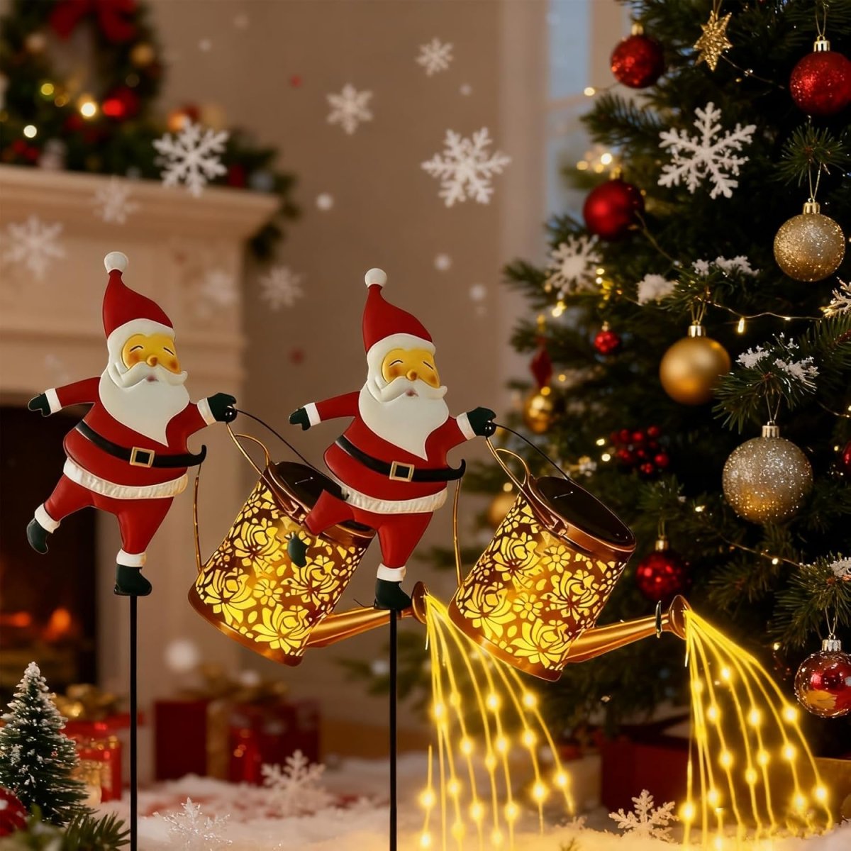 Farol solar en forma de regadera con Papá Noel para decoración de jardín de invierno