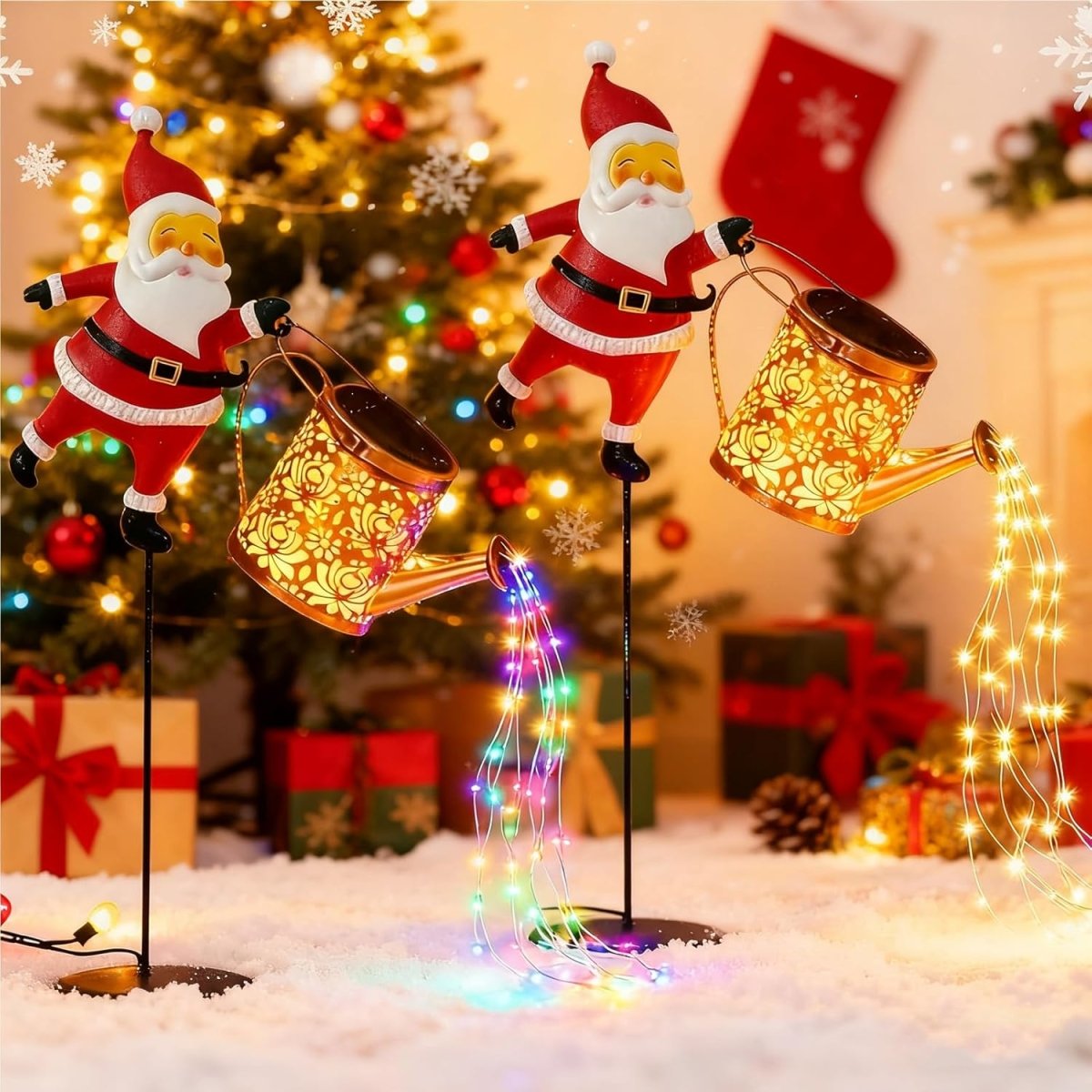 Farol solar en forma de regadera con Papá Noel para decoración de jardín de invierno