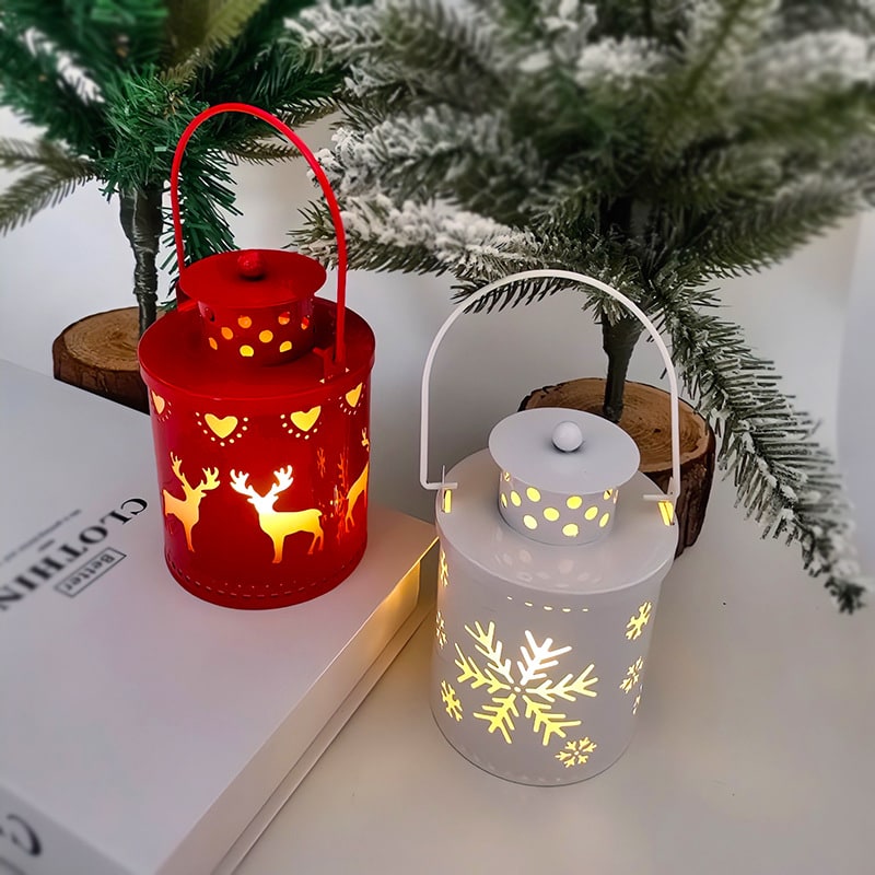 Farolillo LED de metal troquelado para decoración de mesa con árbol de Navidad y luces