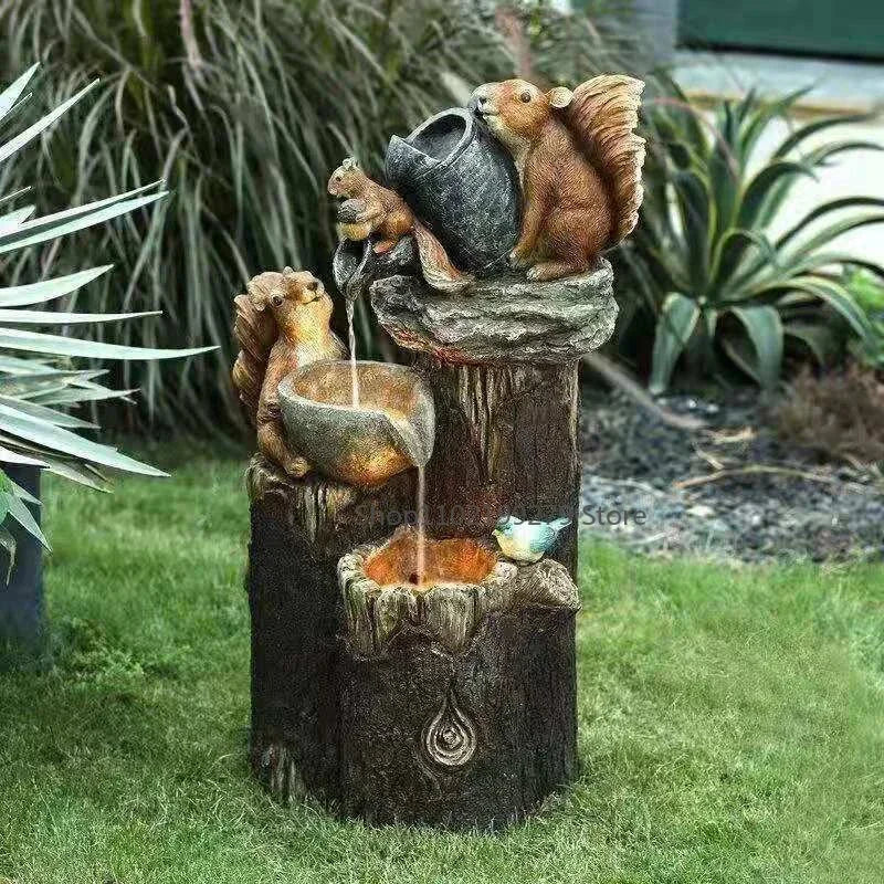 Fuente solar decorativa de pato y ardilla | Figura de jardín con iluminación LED | Resina sintética resistente a la intemperie | Para terraza y balcón