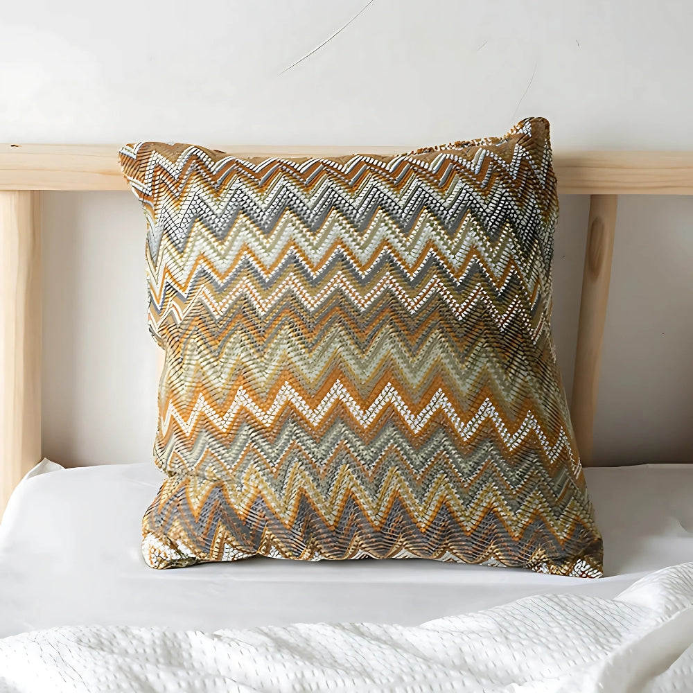 Funda de cojín de punto de estilo boho con estampado de zig zag