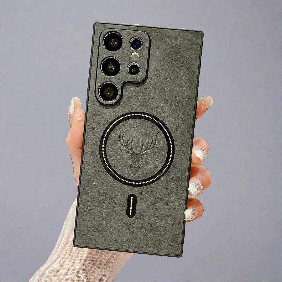 Funda de cuero para teléfono con carga inalámbrica magnética
