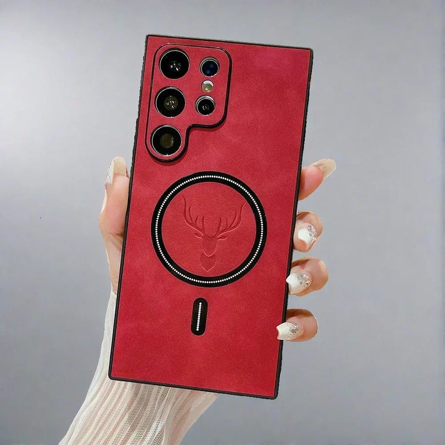Funda de cuero para teléfono con carga inalámbrica magnética