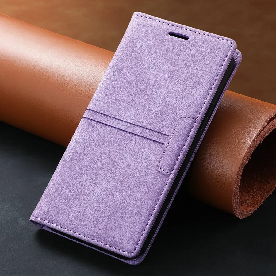 Funda de cuero tipo cartera con cierre magnético y función protectora