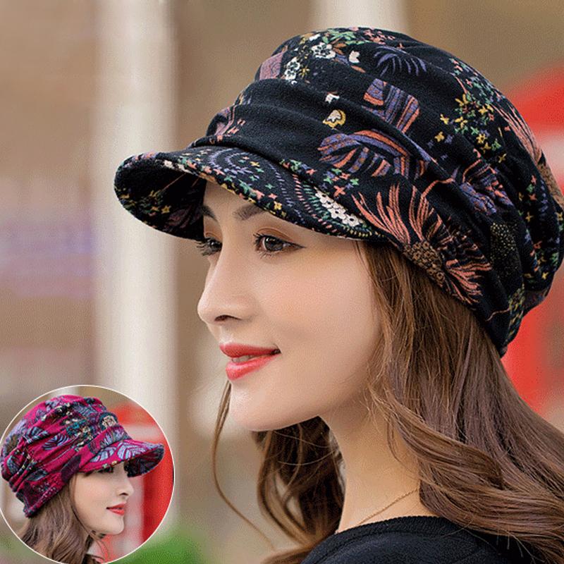 Gorra plisada con estampado floral y visera corta para mujer - Cálida y elegante
