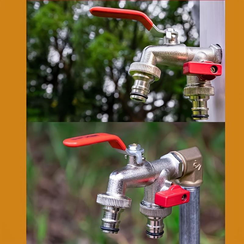 Grifo de jardín de acero inoxidable de doble salida – Grifo antioxidante de 2 vías con conector rápido y válvulas independientes