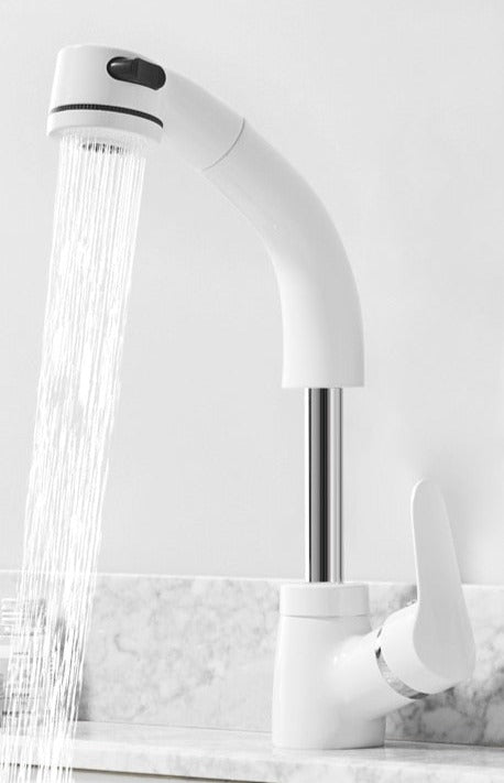 Grifo de lavabo extraíble con ducha en acabado cromado, negro, blanco y dorado