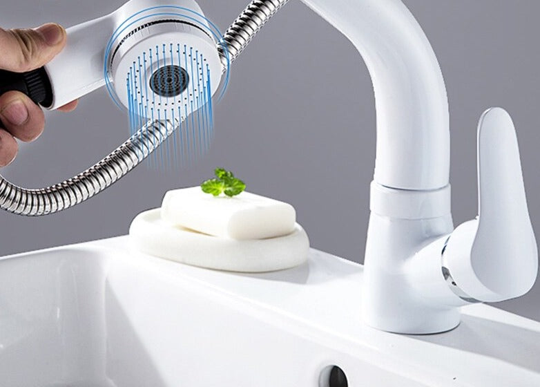Grifo de lavabo extraíble con ducha en acabado cromado, negro, blanco y dorado