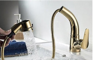 Grifo de lavabo extraíble con ducha en acabado cromado, negro, blanco y dorado