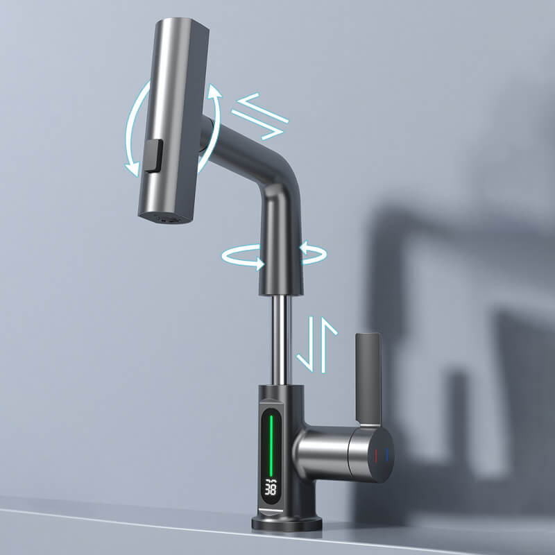 Grifo flexible con LED para cocina y baño: giro de 360°, manguera extraíble y 5 modos de pulverización