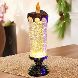 Iluminación navideña mágica – Vela LED con llama brillante, agua y purpurina en movimiento, decoración navideña en azul, dorado, rojo o plateado