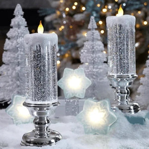 Iluminación navideña mágica – Vela LED con llama brillante, agua y purpurina en movimiento, decoración navideña en azul, dorado, rojo o plateado