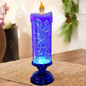 Iluminación navideña mágica – Vela LED con llama brillante, agua y purpurina en movimiento, decoración navideña en azul, dorado, rojo o plateado
