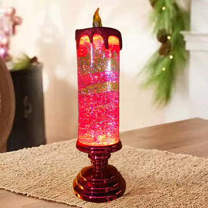 Iluminación navideña mágica – Vela LED con llama brillante, agua y purpurina en movimiento, decoración navideña en azul, dorado, rojo o plateado