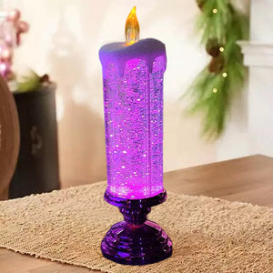 Iluminación navideña mágica – Vela LED con llama brillante, agua y purpurina en movimiento, decoración navideña en azul, dorado, rojo o plateado