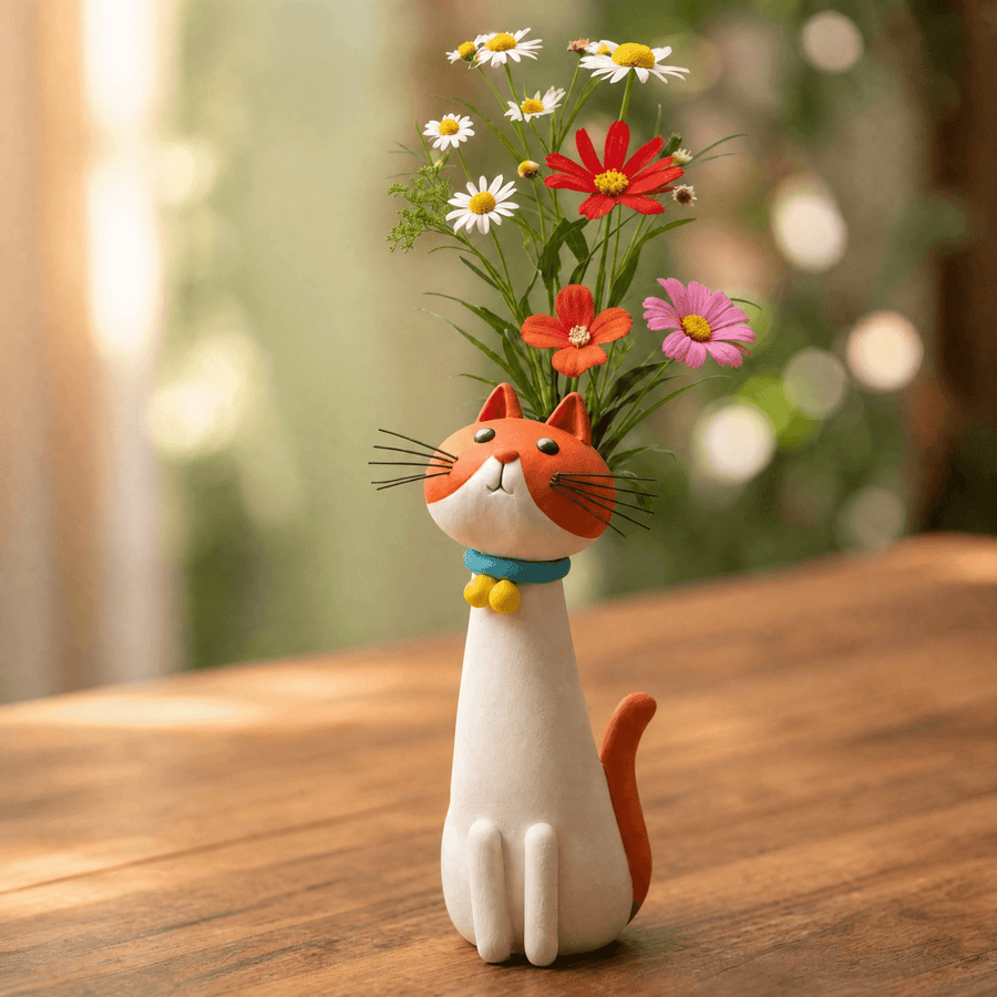 Jarrón para flores de cerámica hecho a mano con forma de gato