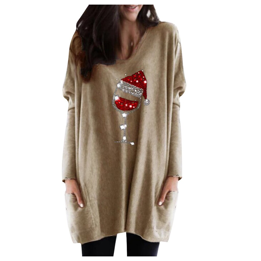 Jersey casual para mujer con estampado de copa de vino y gorro de Navidad