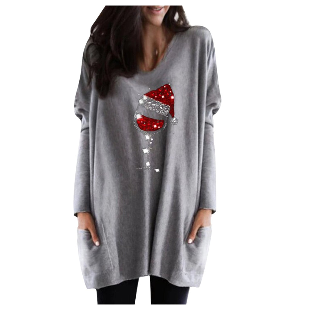 Jersey casual para mujer con estampado de copa de vino y gorro de Navidad