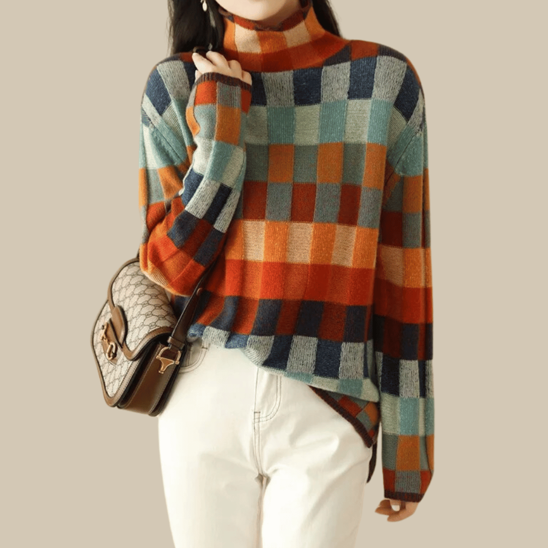 Jersey de cuello alto de cachemira suave | Elegante diseño estilo patchwork