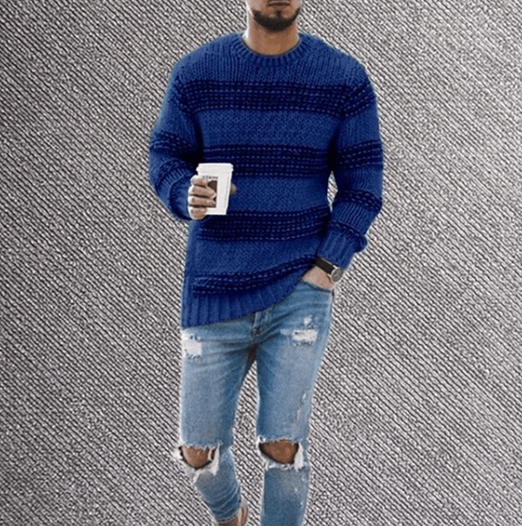 Jersey de punto a rayas para hombre con cuello redondo y manga larga
