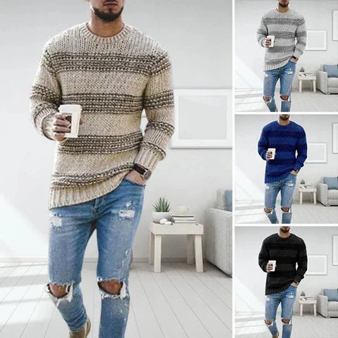 Jersey de punto a rayas para hombre con cuello redondo y manga larga