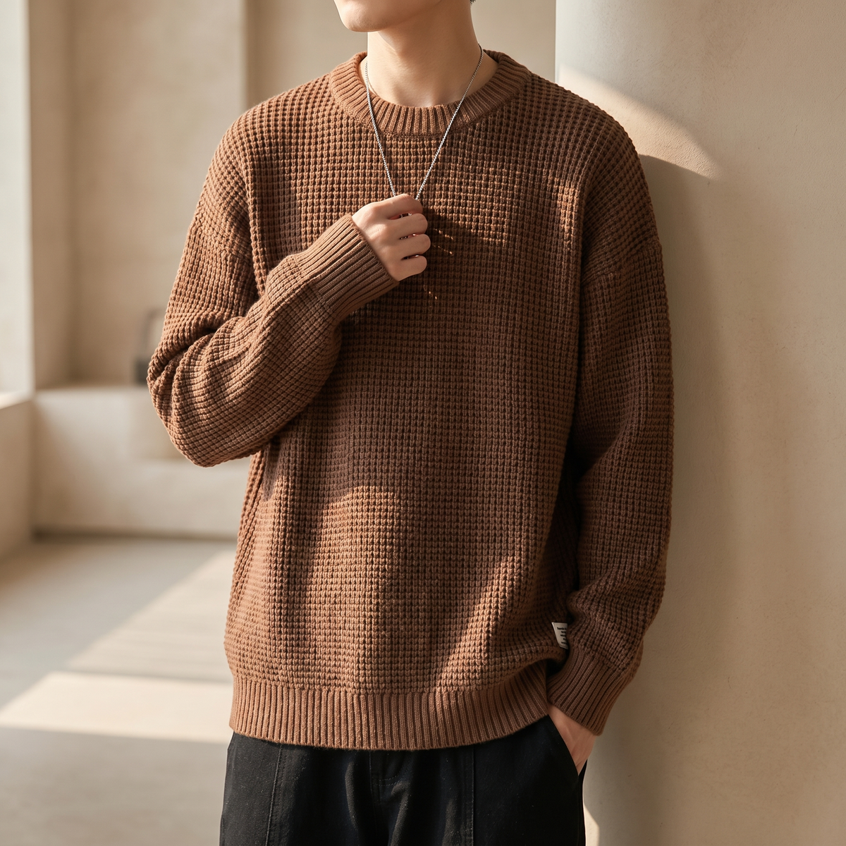 Jersey de punto para hombre con cuello redondo y textura de gofre en mezcla de algodón