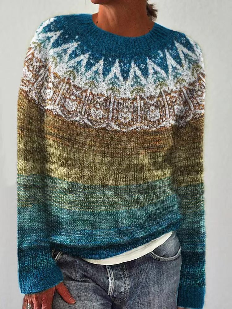 Jersey de punto para mujer con cuello redondo y estampado Fair Isle