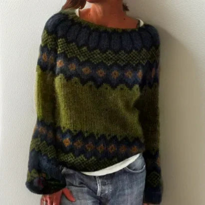 Jersey de punto para mujer con cuello redondo y estampado Fair Isle