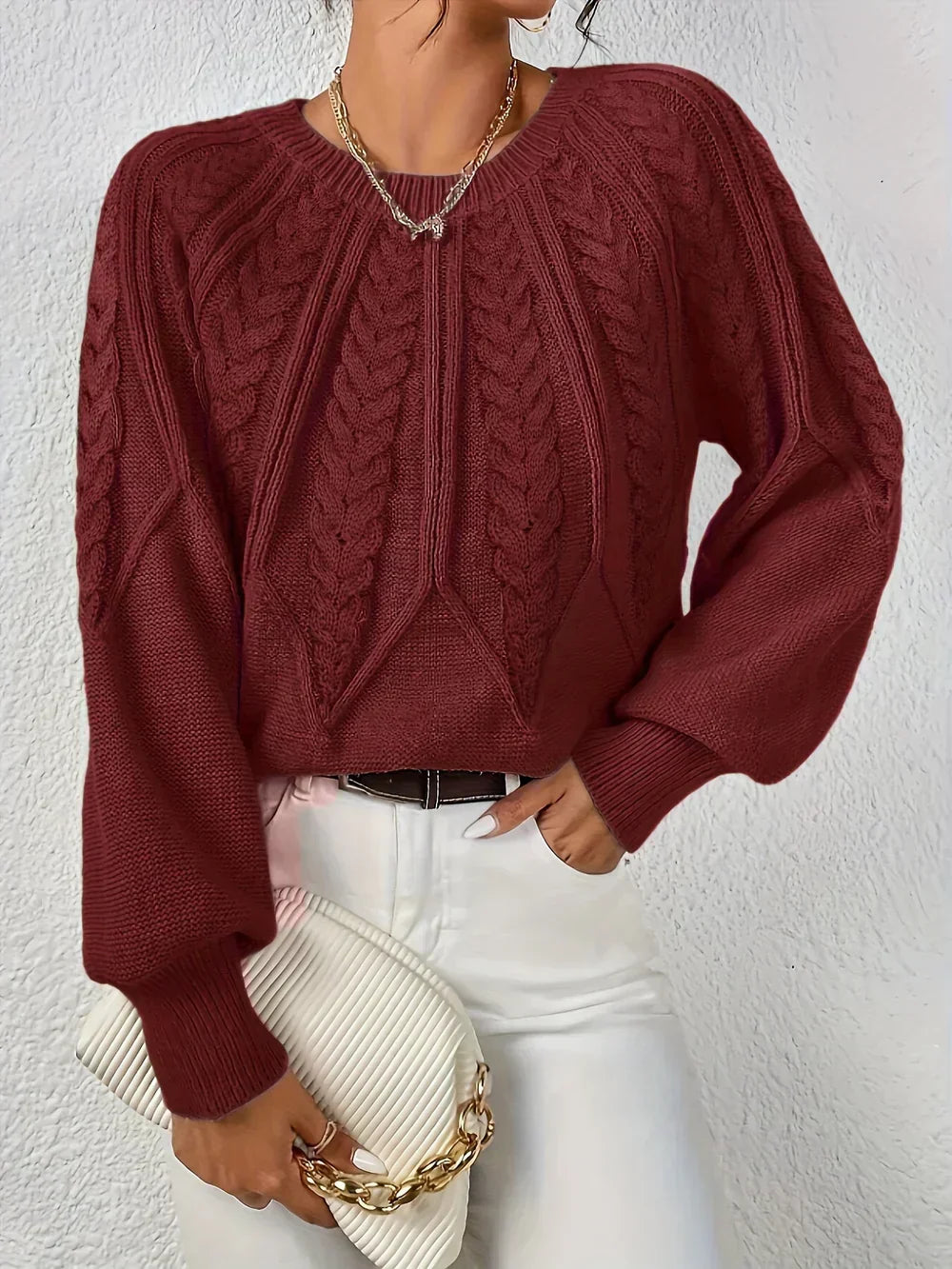 Jersey de punto para mujer con trenzas y mangas raglán