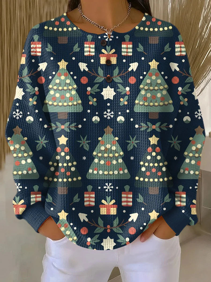 Jersey navideño para mujer de manga larga en punto gofrado con cuello de botones