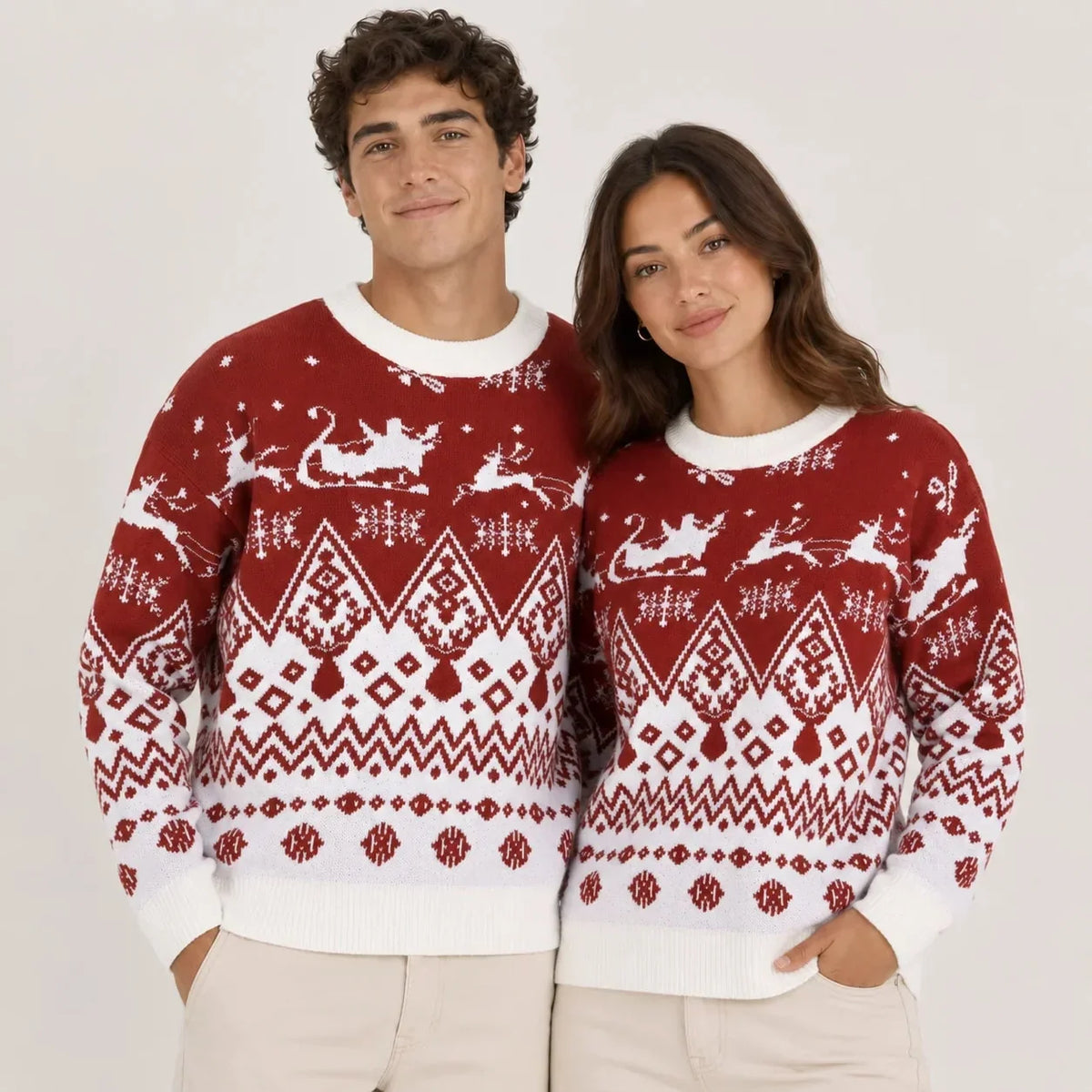 Jersey navideño unisex con motivo de renos de punto jacquard y cuello redondo