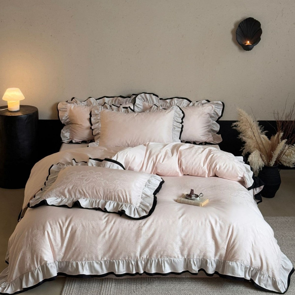 Juego de cama con doble volante y textura de jacquard