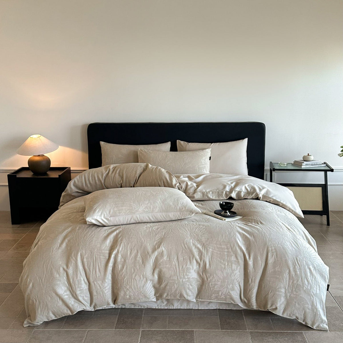 Juego de cama de lujo en satén de algodón con relieve floral en jacquard