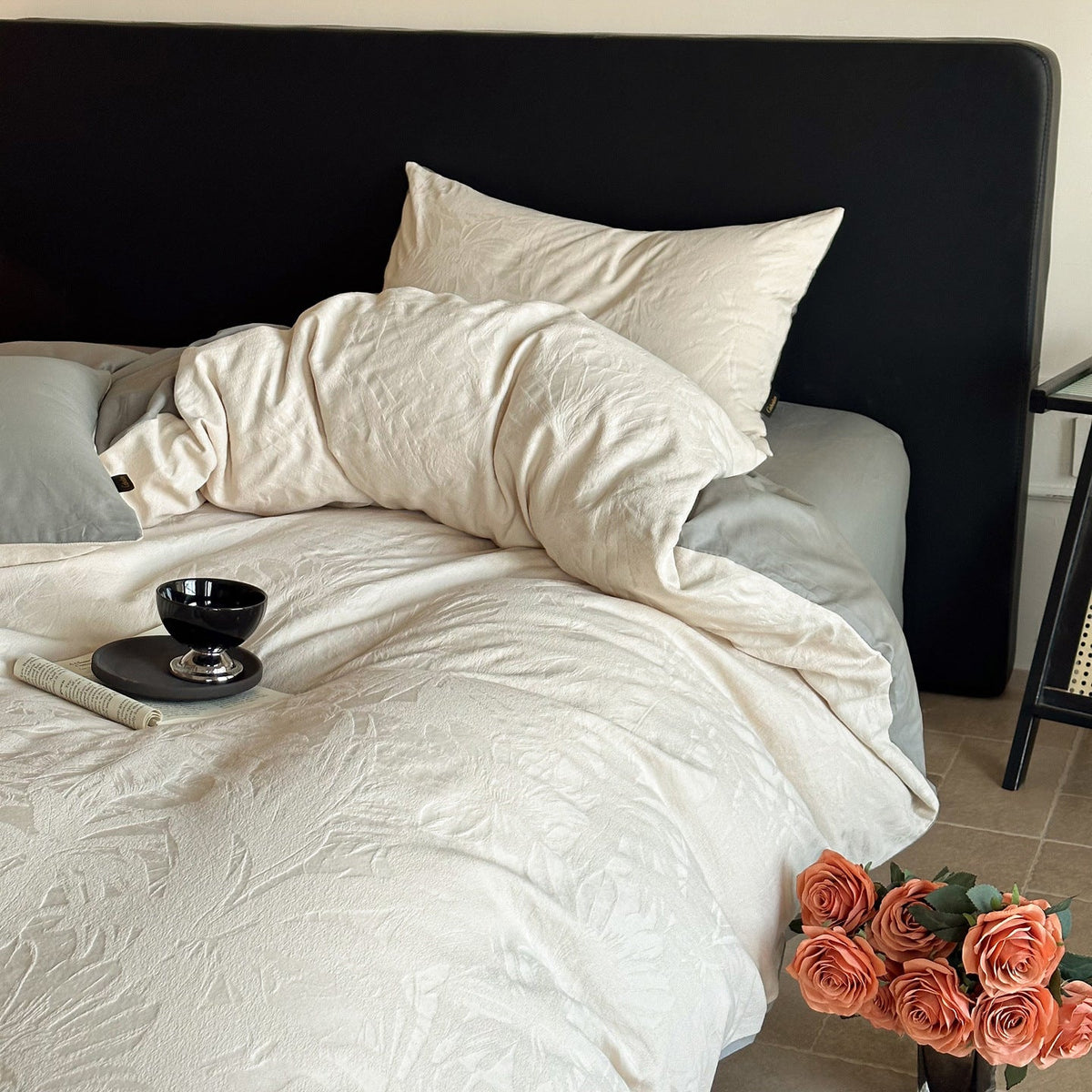Juego de cama de lujo en satén de algodón con relieve floral en jacquard