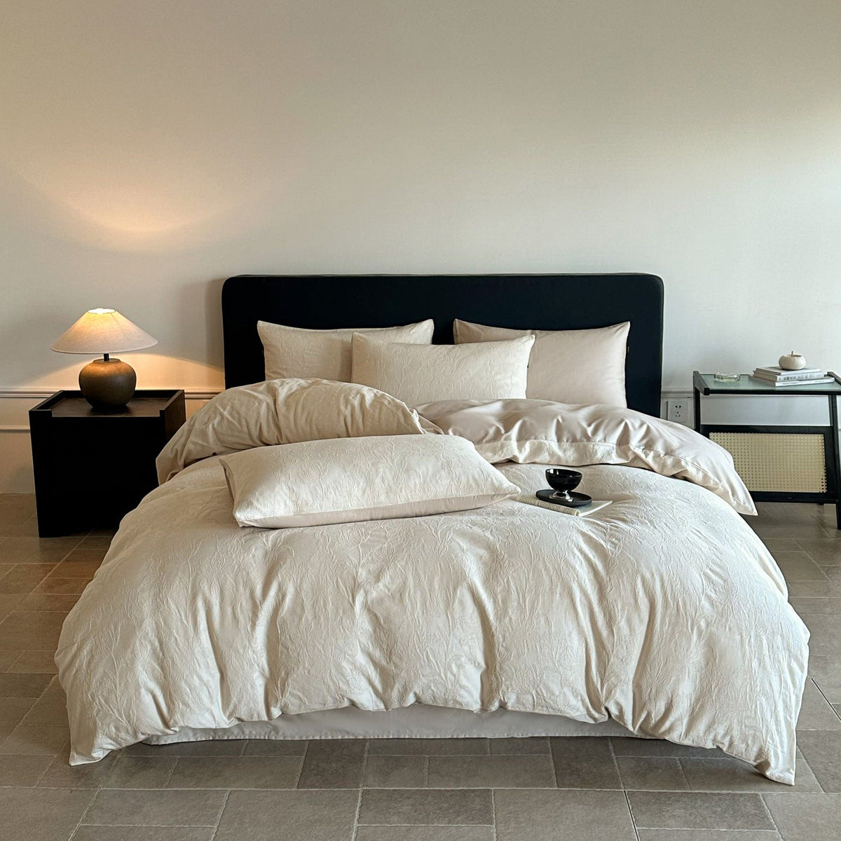 Juego de cama de lujo en satén de algodón con relieve floral en jacquard
