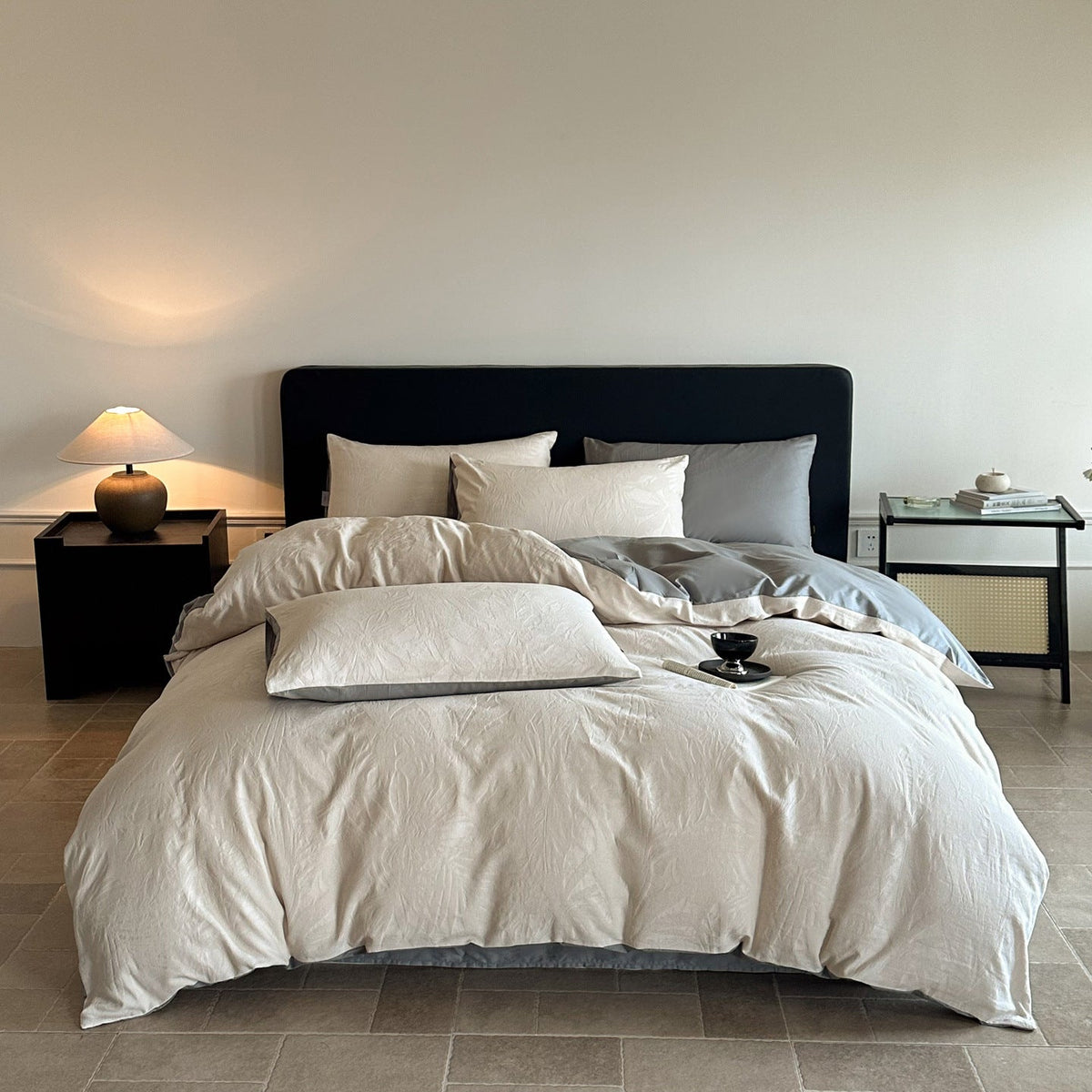 Juego de cama de lujo en satén de algodón con relieve floral en jacquard