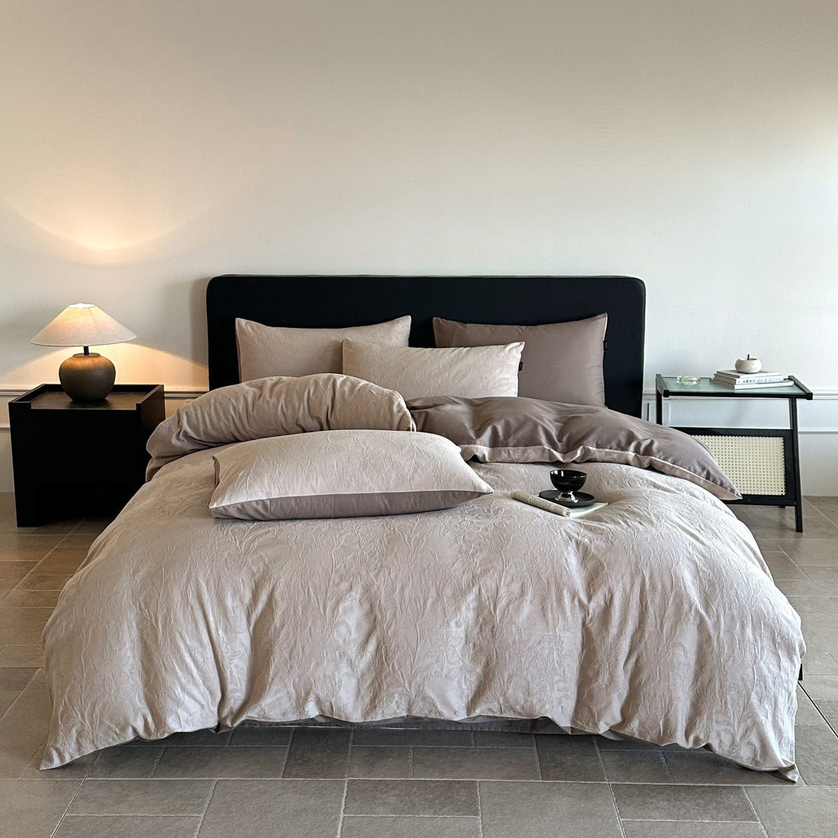 Juego de cama de lujo en satén de algodón con relieve floral en jacquard