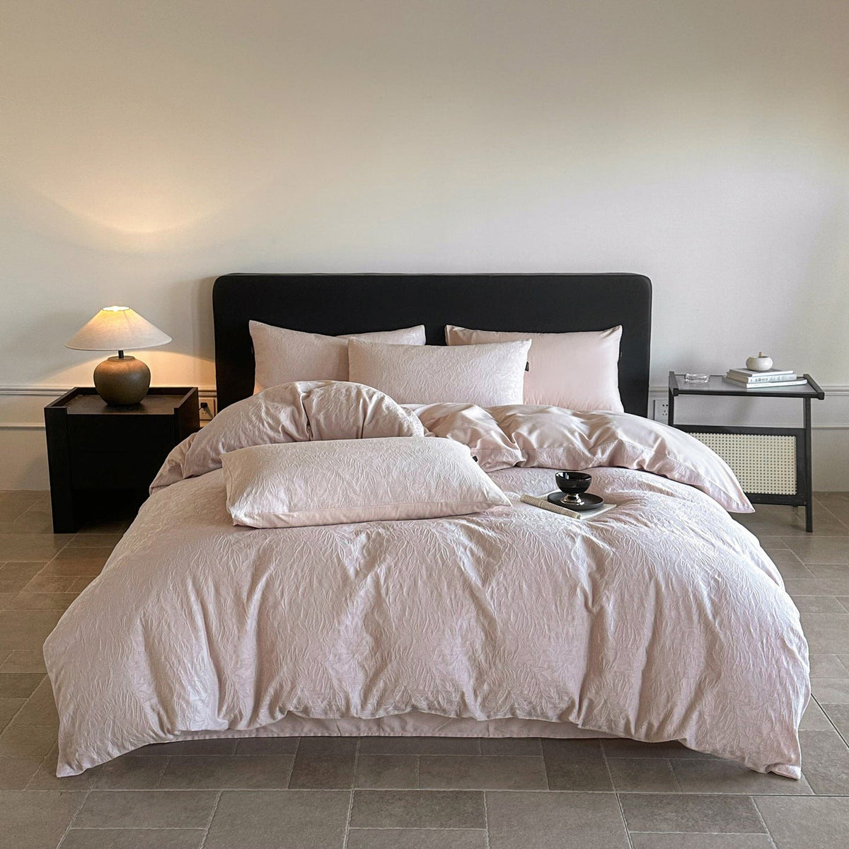 Juego de cama de lujo en satén de algodón con relieve floral en jacquard