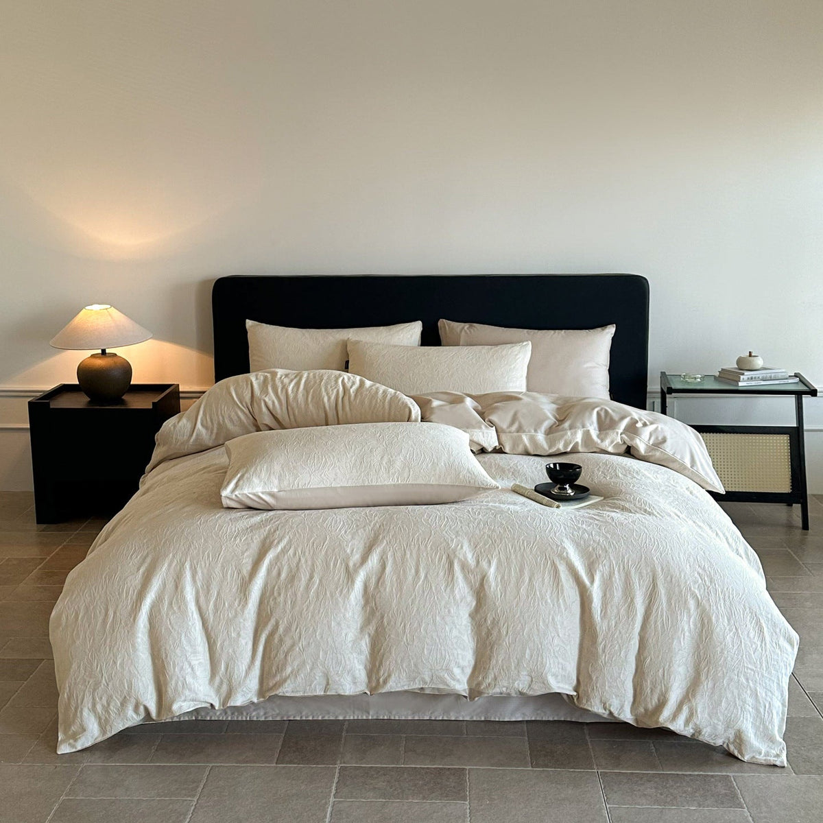 Juego de cama de lujo en satén de algodón con relieve floral en jacquard