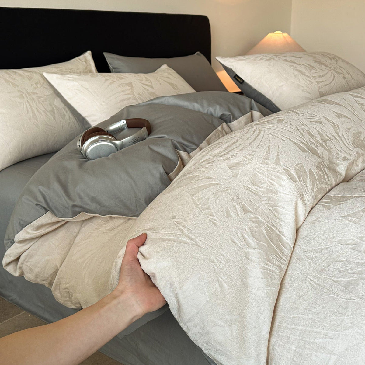 Juego de cama de lujo en satén de algodón con relieve floral en jacquard