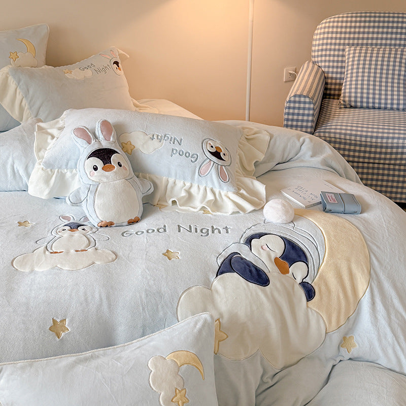 Juego de cama infantil con manta acolchada de peluche, apliques de animales en 3D y volantes