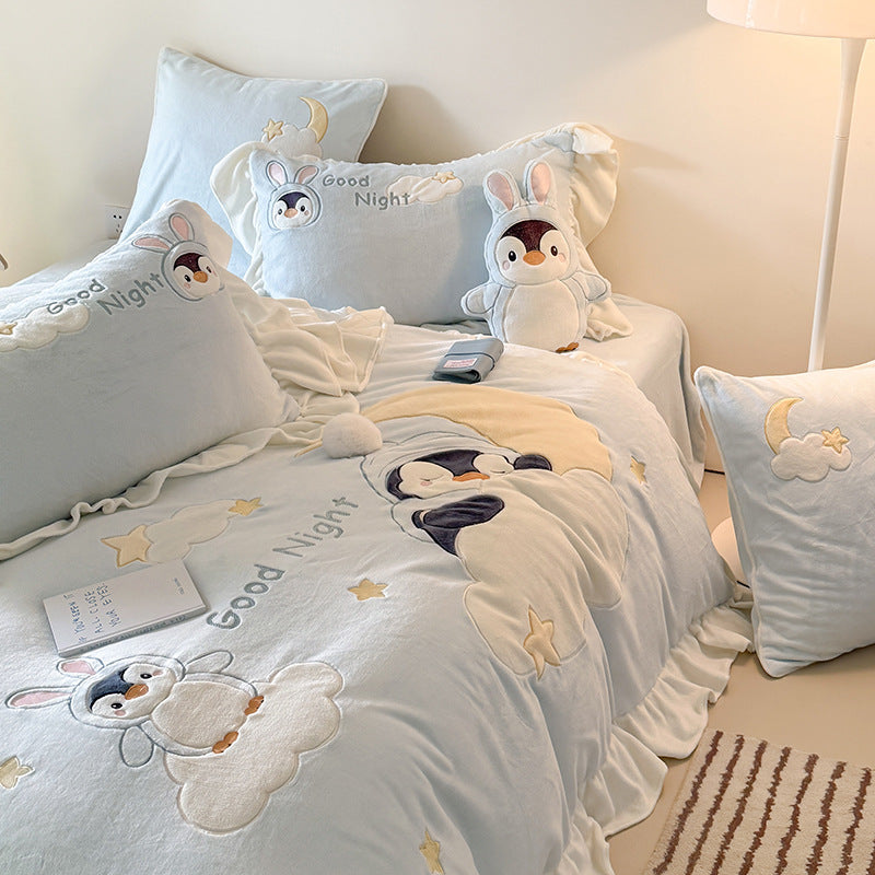 Juego de cama infantil con manta acolchada de peluche, apliques de animales en 3D y volantes