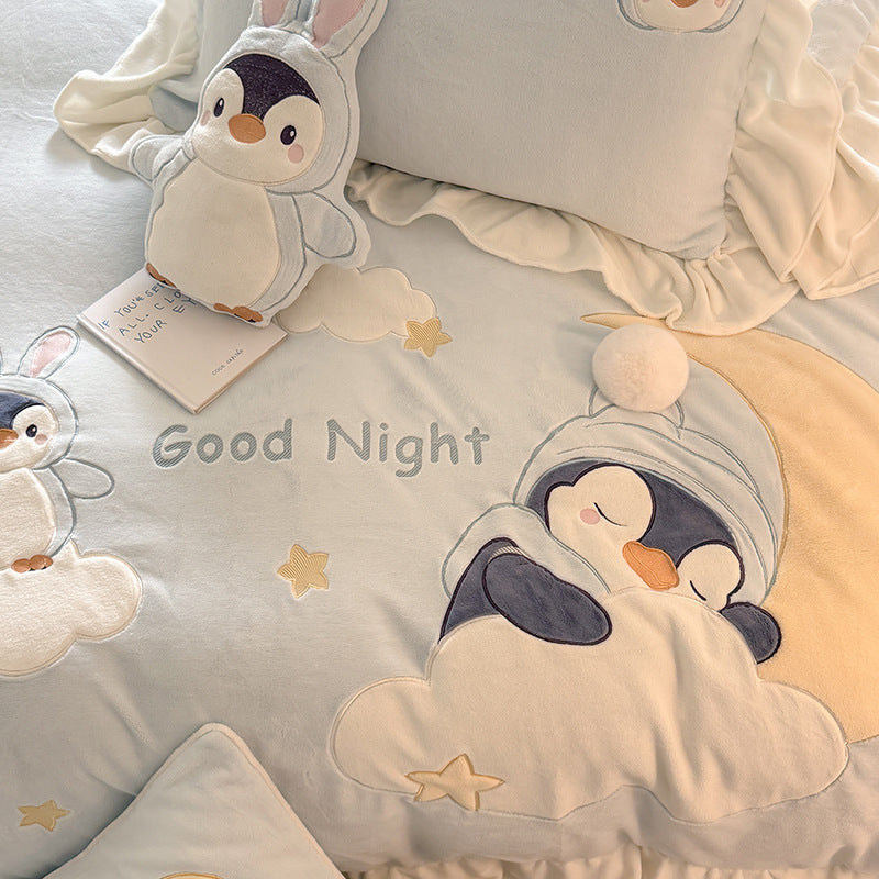 Juego de cama infantil con manta acolchada de peluche, apliques de animales en 3D y volantes