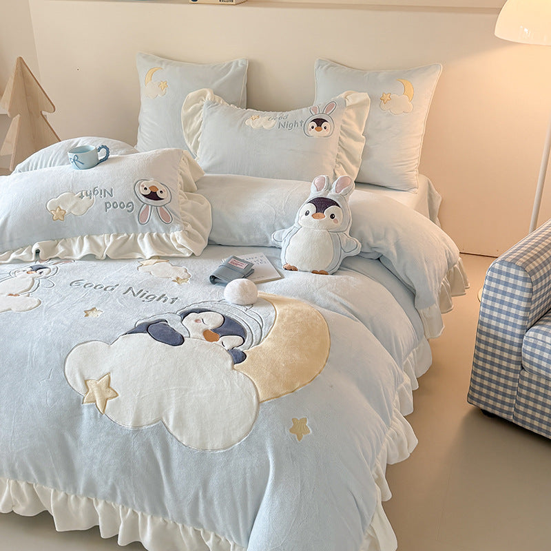 Juego de cama infantil con manta acolchada de peluche, apliques de animales en 3D y volantes