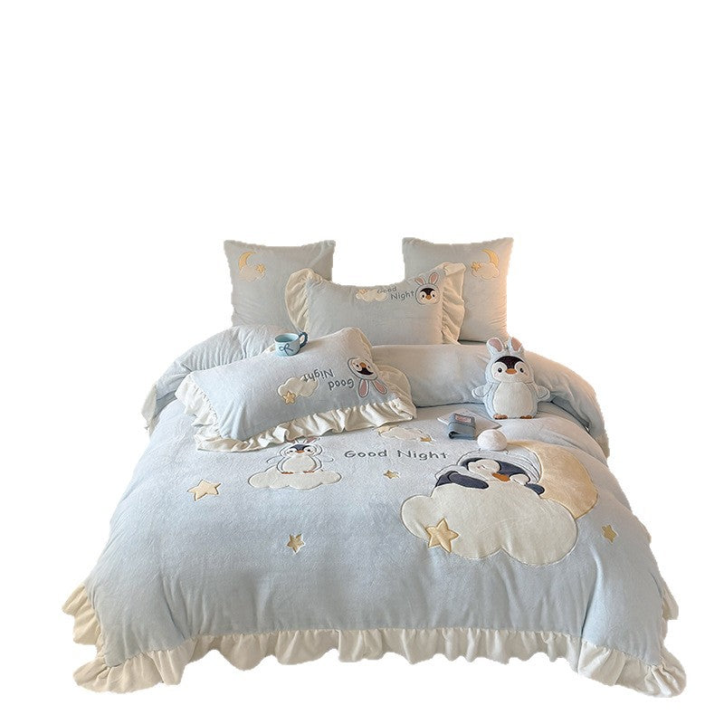 Juego de cama infantil con manta acolchada de peluche, apliques de animales en 3D y volantes