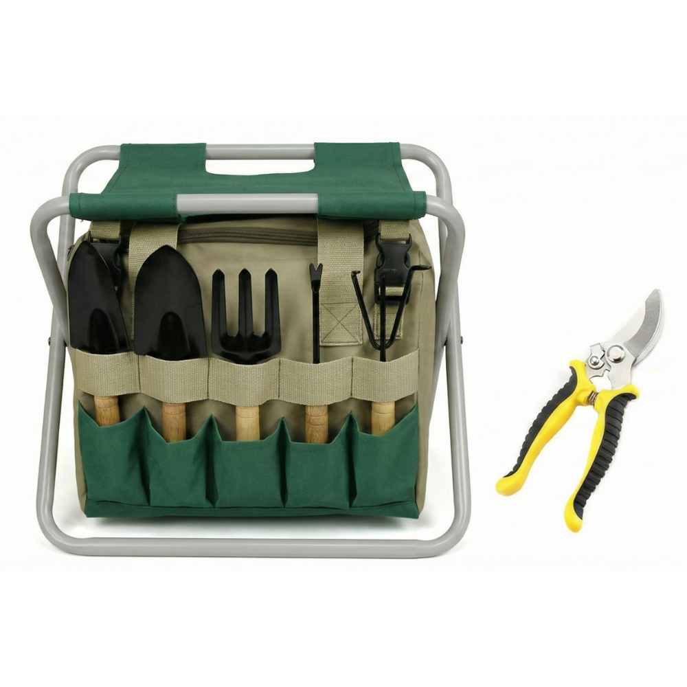 Juego de herramientas de jardinería de 6 piezas con taburete plegable y bolsa de transporte